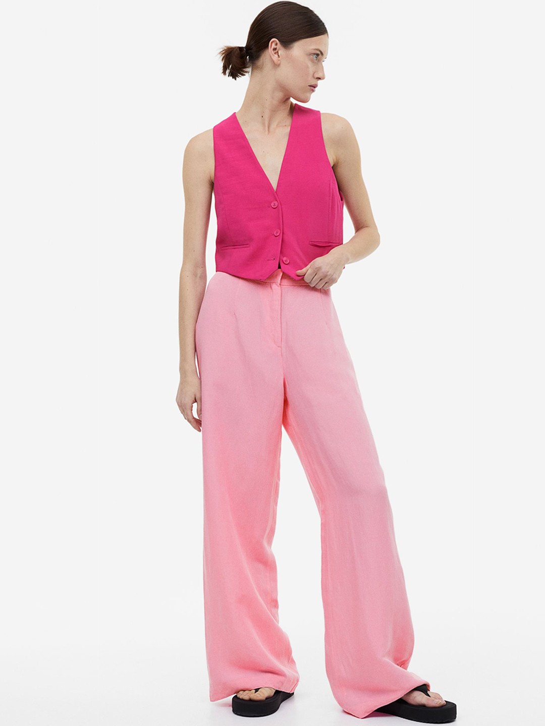 

H&M Women Wide Linen-Blend Trousers, Pink