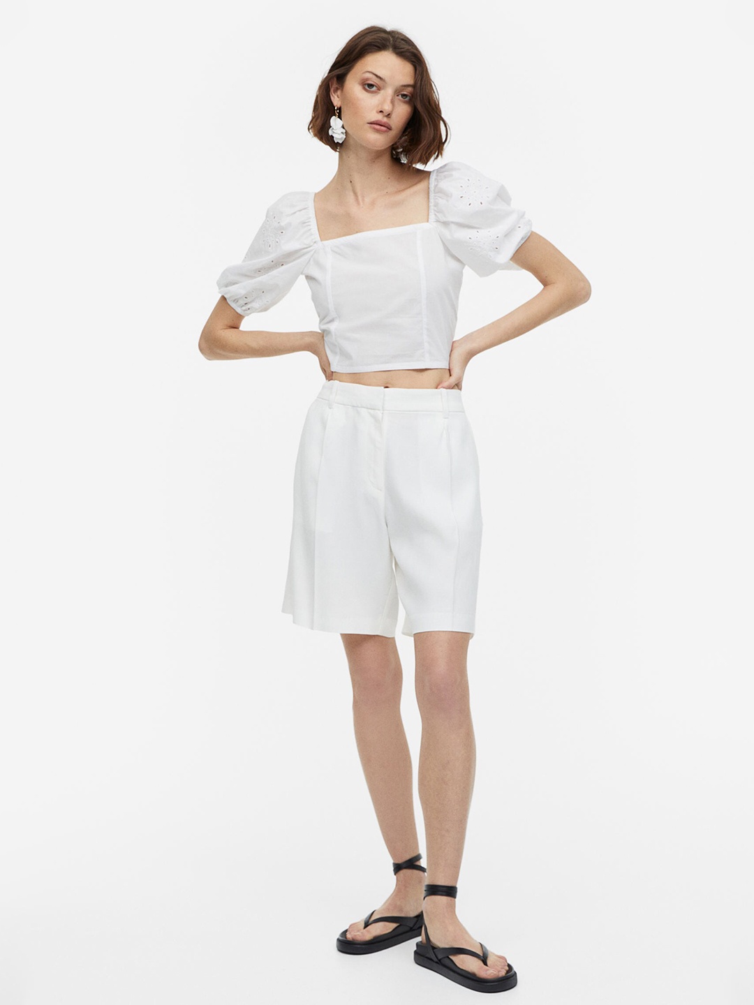 

H&M Pure Cotton Puff-Sleeved Blouse, White