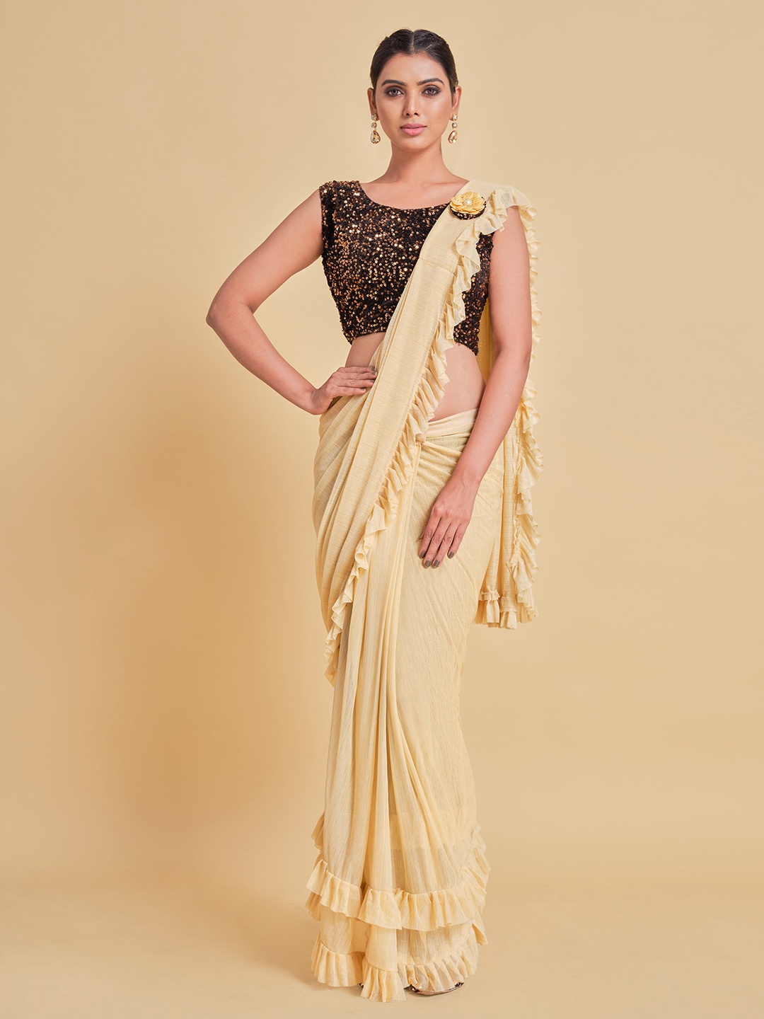 

Ishin Beige Ruffed Ready To Wear Satin Saree