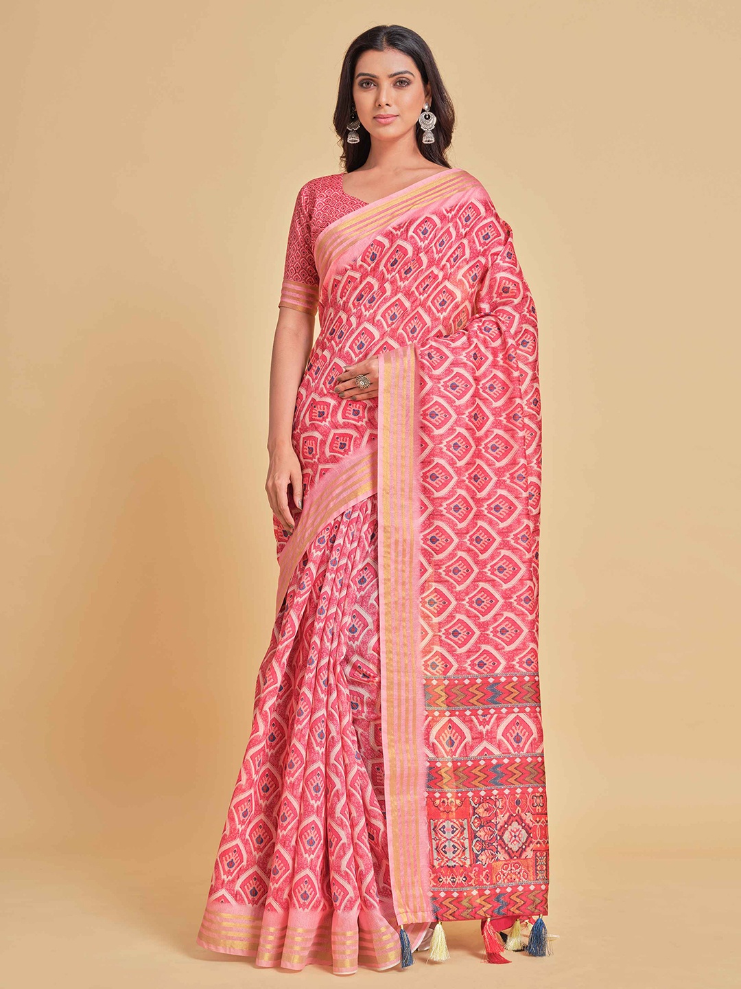 

Ishin Coral & Blue Ethnic Motif Printed Zari Pure Cotton Saree