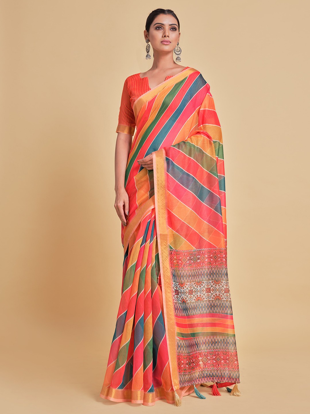 

Ishin Orange & Red Striped Zari Pure Cotton Saree