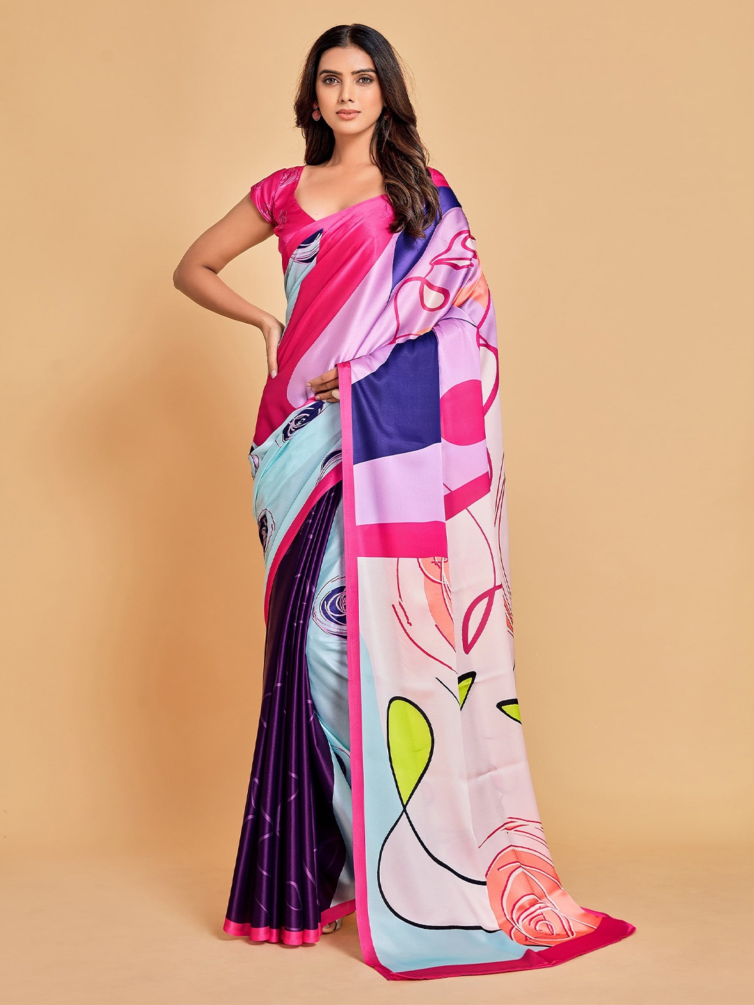 

Ishin Abstract Printed Satin Saree, Violet