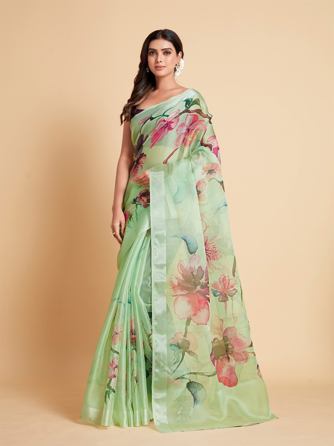 

Ishin Green & Pink Floral Printed Zari Organza Saree