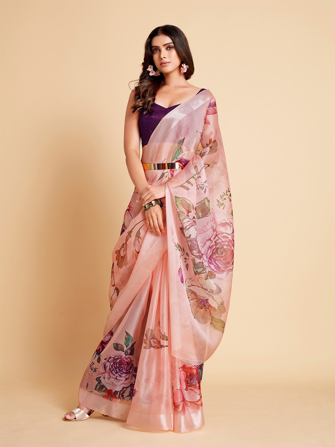 

Ishin Peach-Coloured & Maroon Floral Printed Zari Organza Saree