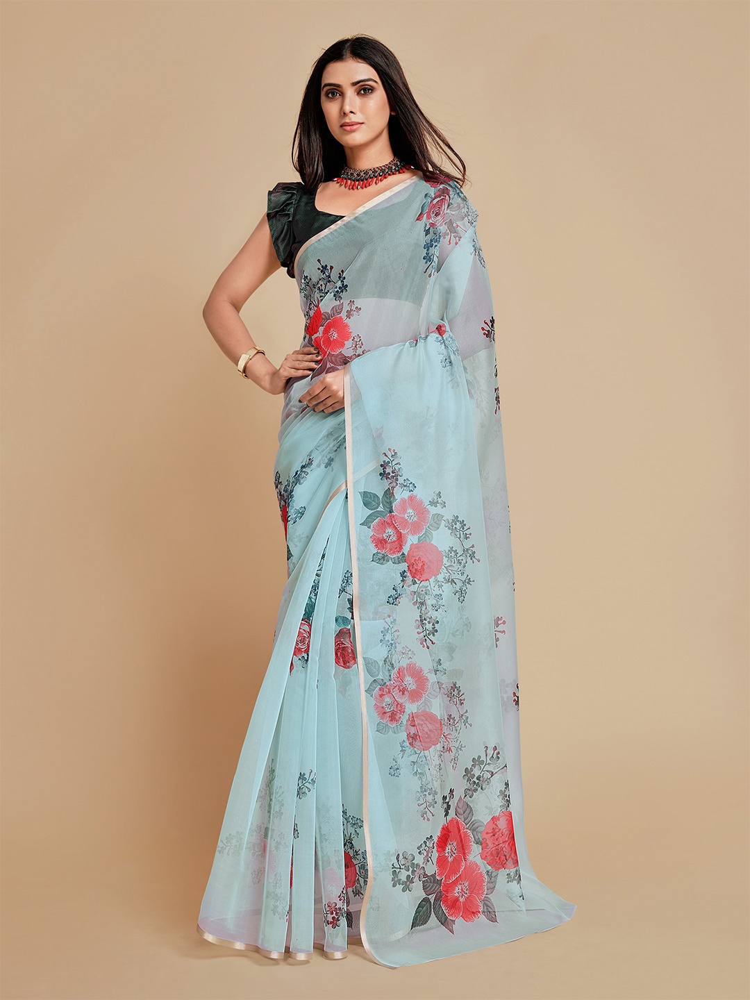 

Ishin Floral Printed Organza Saree, Turquoise blue