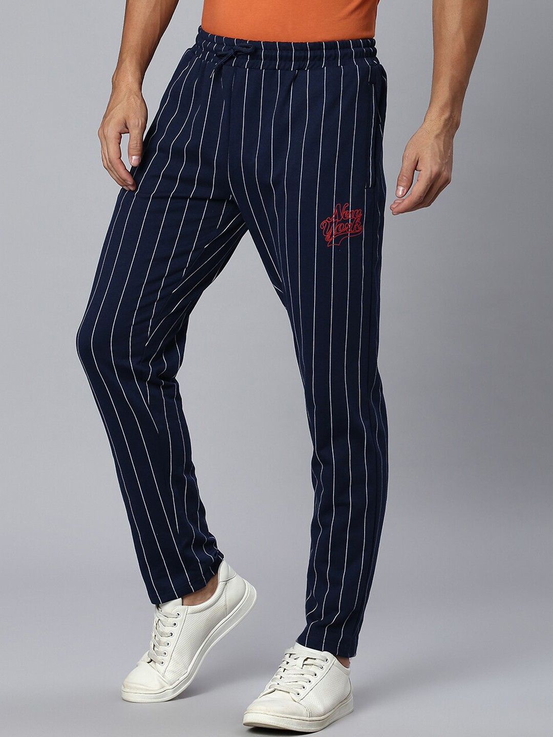 

Hubberholme Men Vertical Striped Cotton Joggers, Navy blue