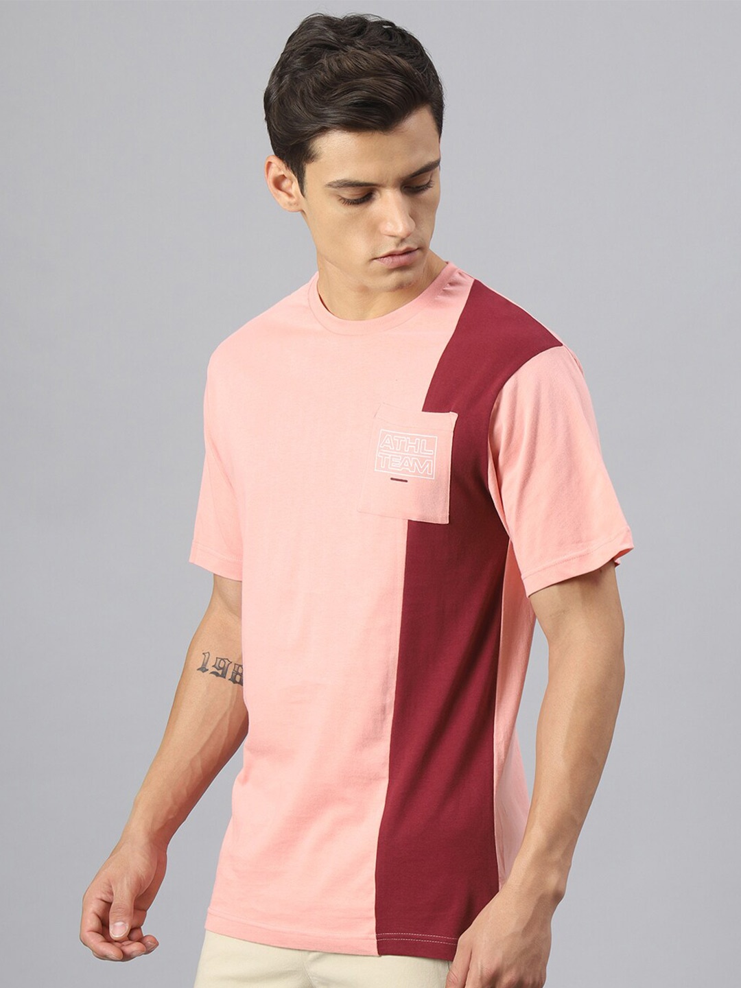 

Hubberholme Colourblocked Pure Cotton Casual Relaxed Fit T-Shirt, Pink