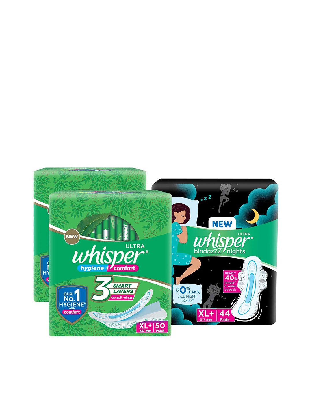 

Whisper Set of 3 Sanitary Pads - Ultra Clean XL+ & Bindazzz Nights XL+, Green