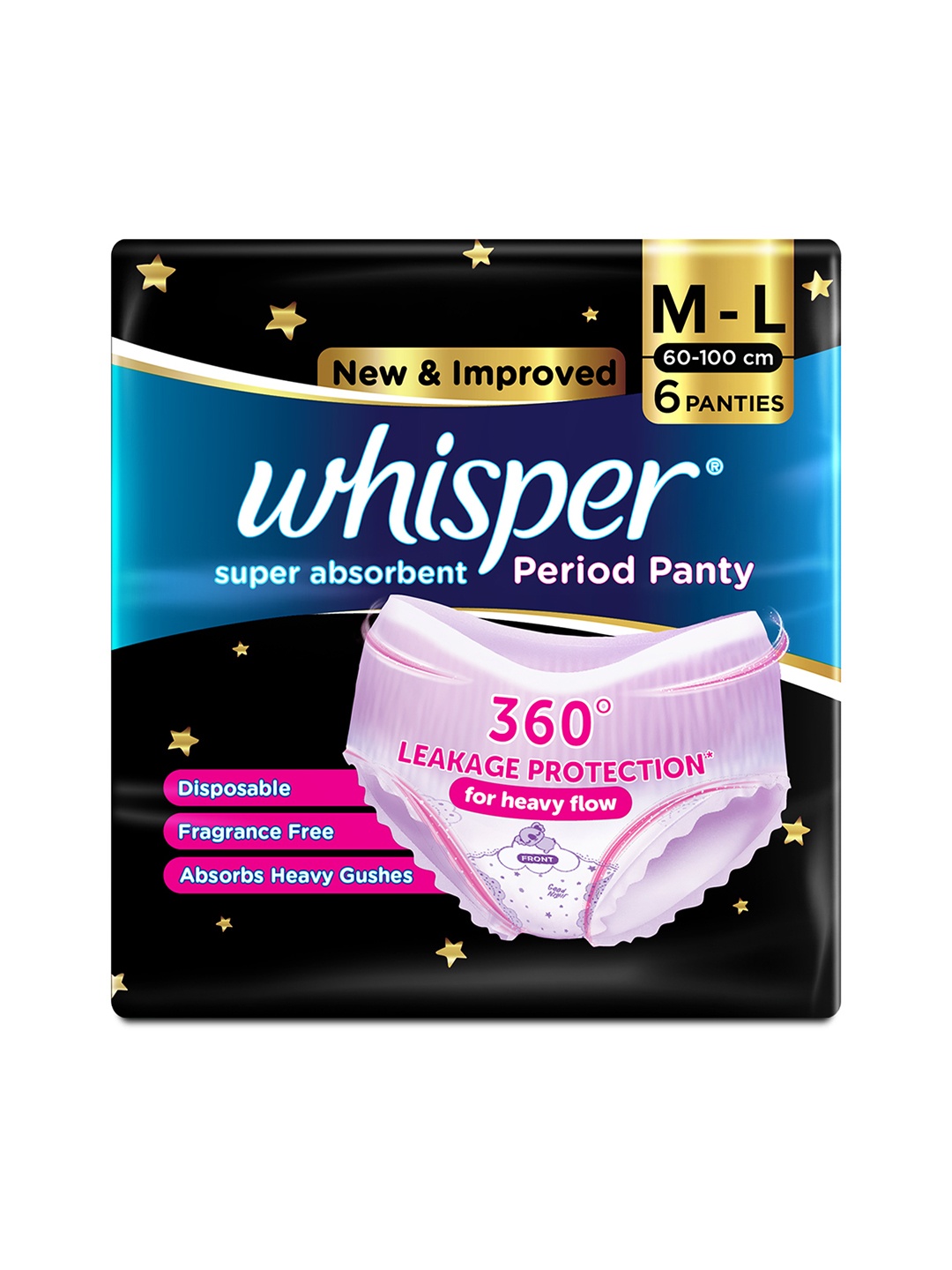 

Whisper Super Absorbent Disposable Period Panties - Size M-L - 6 Pcs, Black