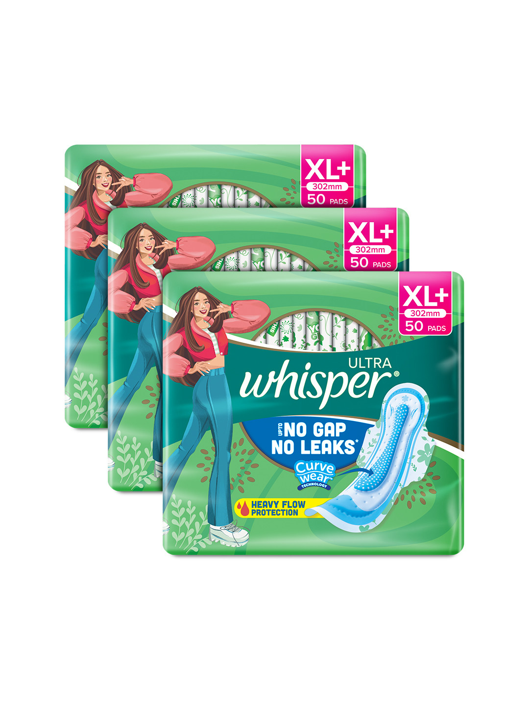 

Whisper Set of 3 Ultra Clean XL+ Sanitary Pads - 50 Pads each, Green