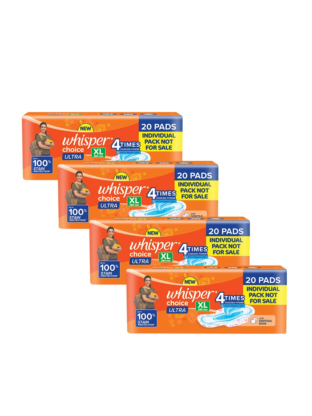 

Whisper Set of 4 Choice Ultra XL+ Sanitary Pads - 20 Pads each, Orange