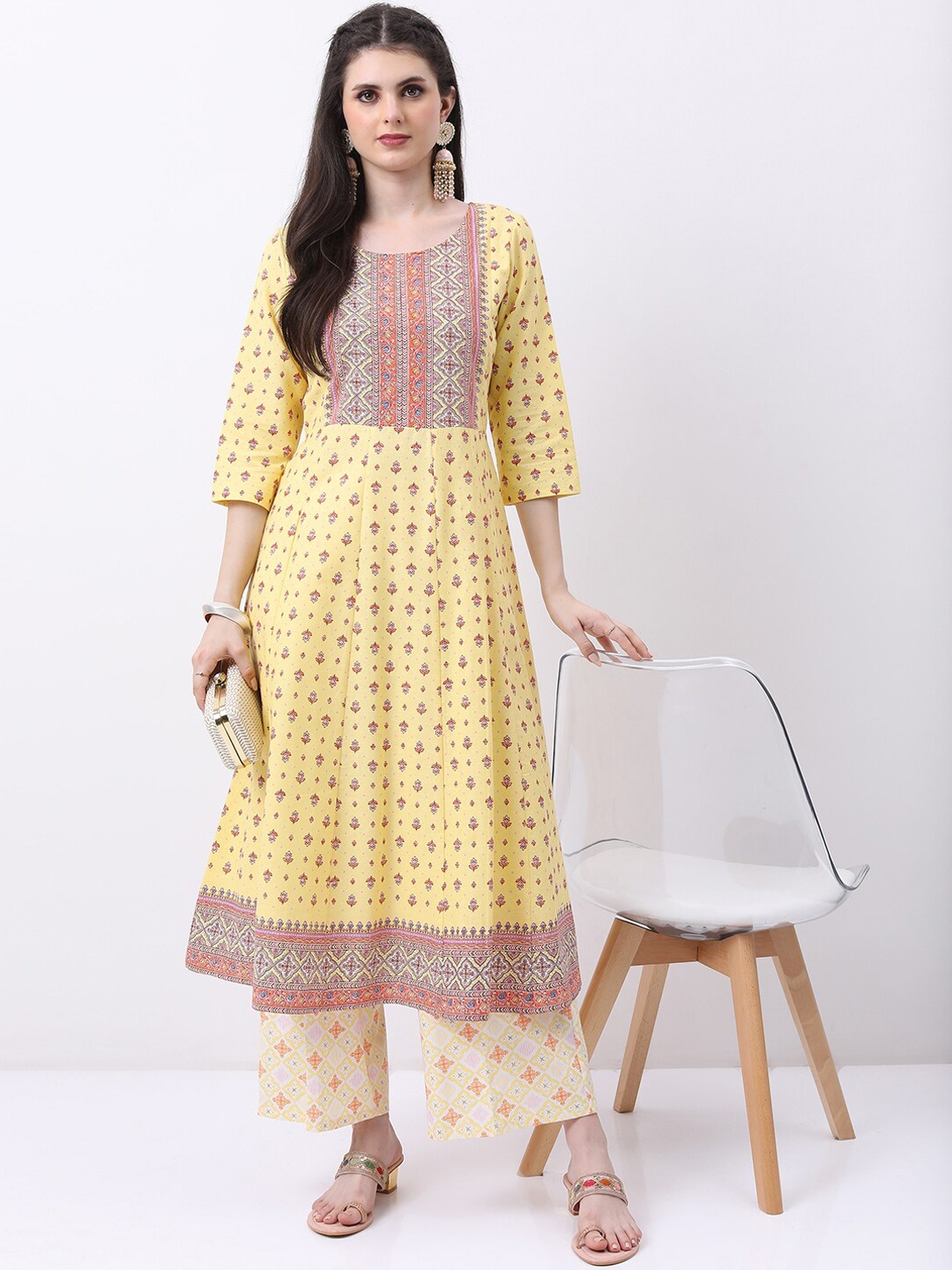 

Vishudh Floral Printed Anarkali Pure Cotton Kurta with Palazzos, Yellow