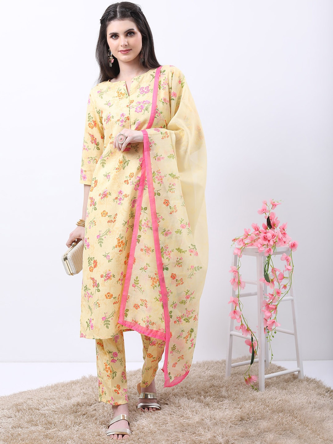 

Vishudh Floral Printed Regular Kurta with Trousers & With Dupatta, Yellow