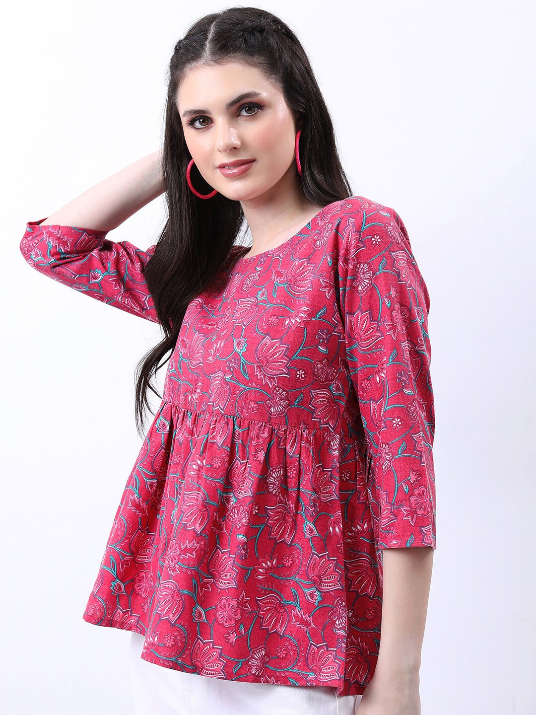 

Vishudh Pink & Green Floral Print A-Line Top