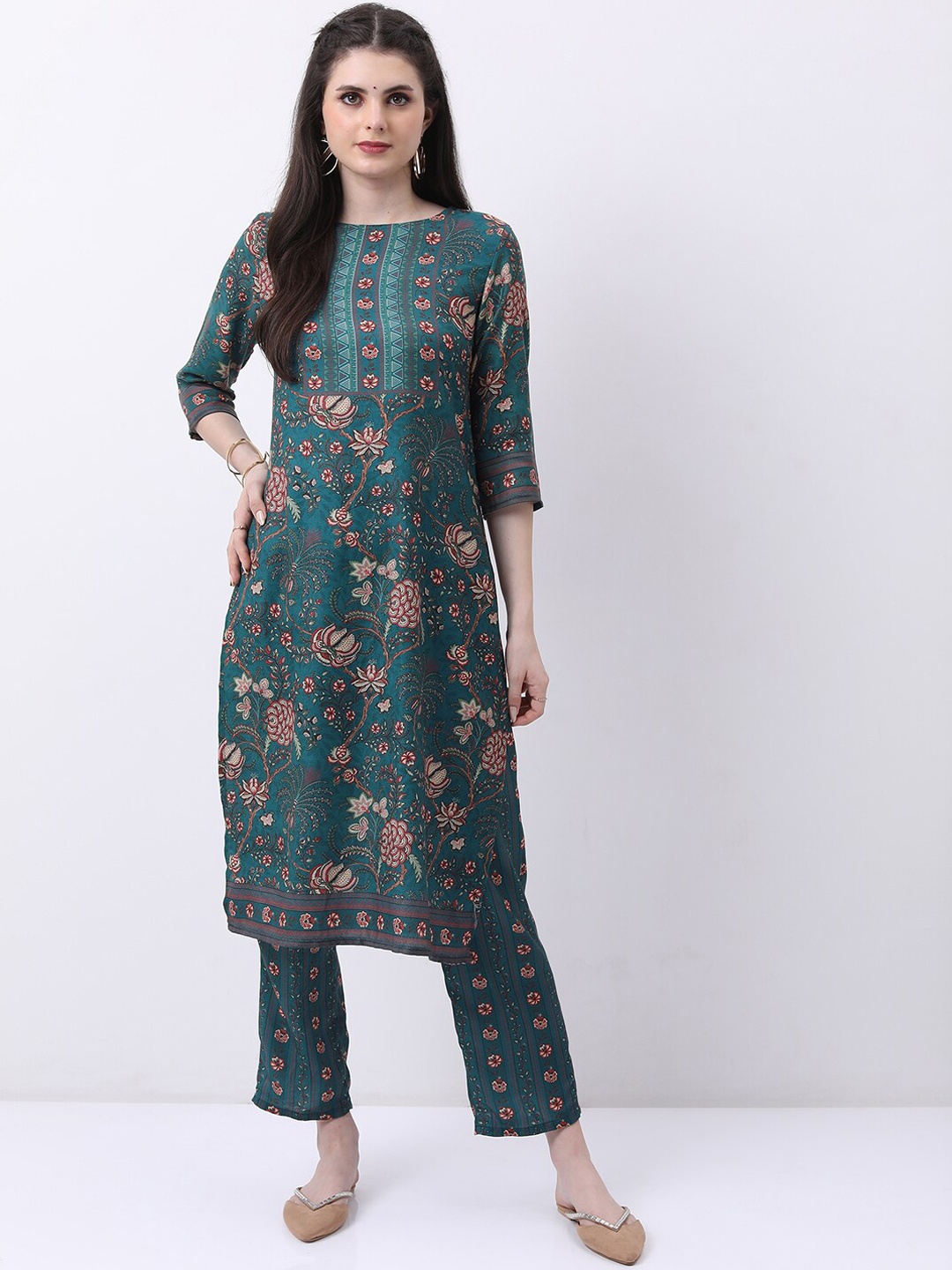 

Vishudh Teal & Red Floral Printed Regular Kurta With Palazzos