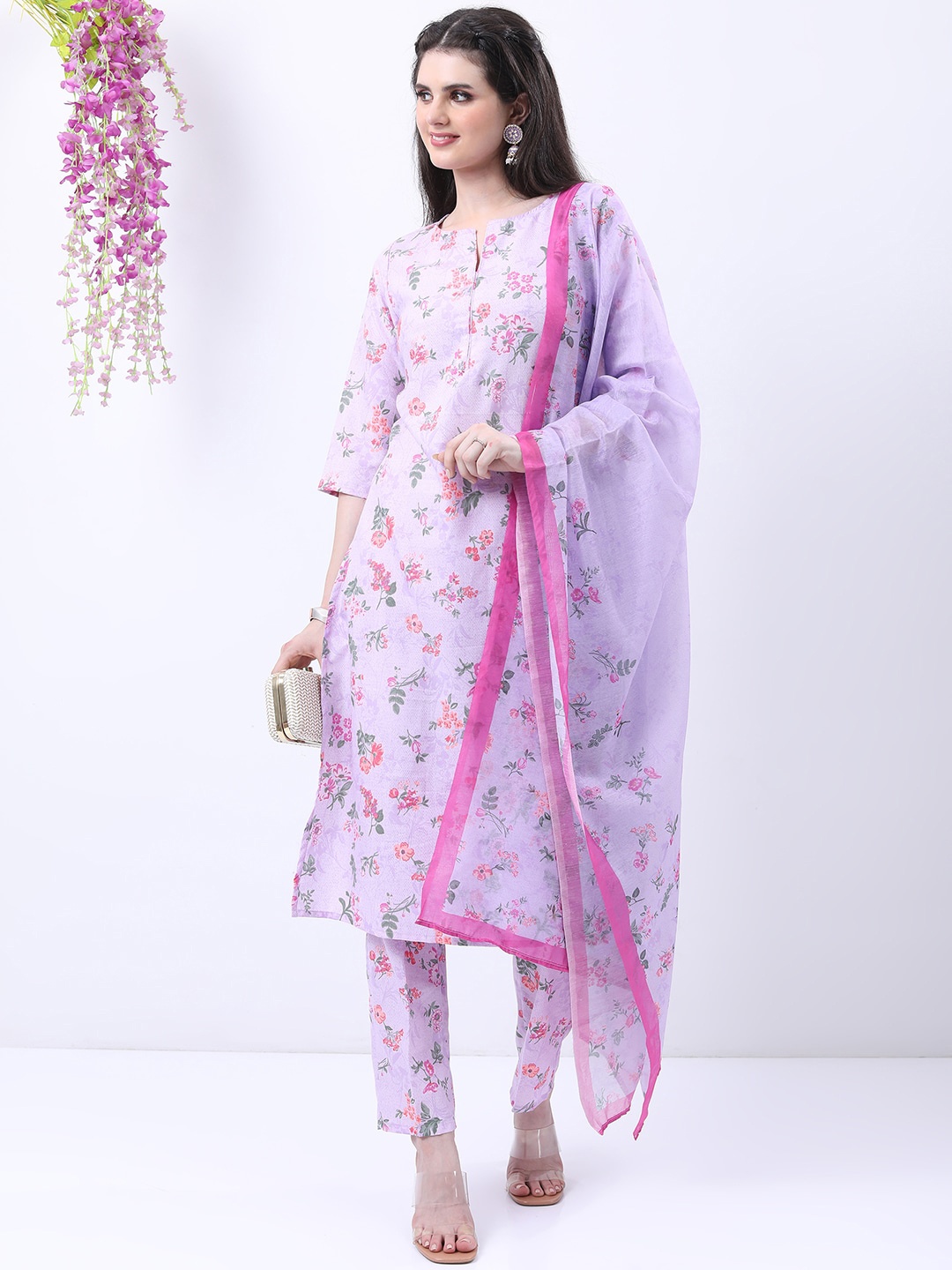 

Vishudh Lavender & Pink Floral Printed Kurta With Trousers & Dupatta