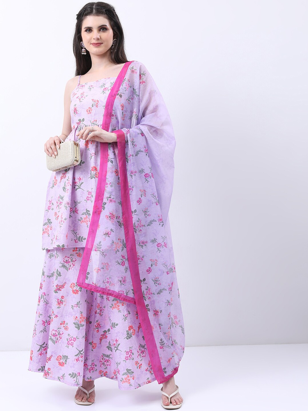 

Vishudh Lavender Floral Printed Kurta With Sharara & Dupatta