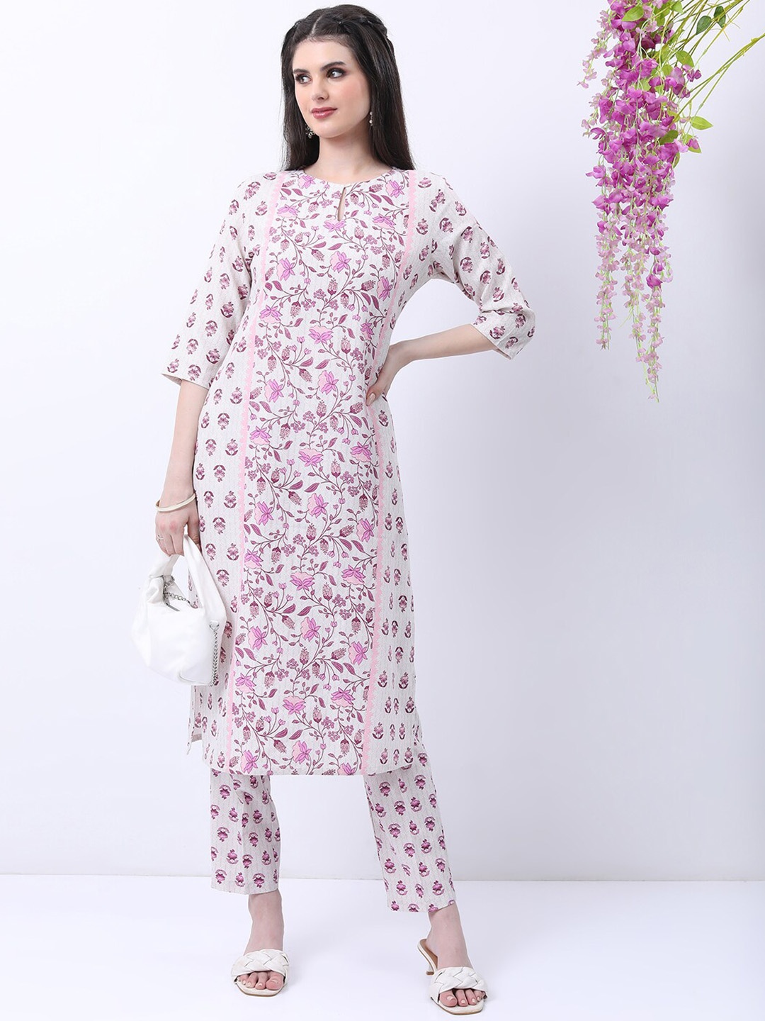 

Vishudh Floral Printed Kurta With Trousers, White