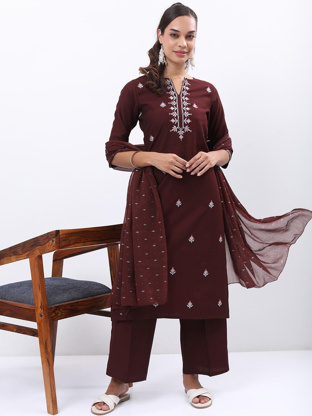 

Vishudh Burgundy & Pink Floral Embroidered Kurta With Palazzos & Dupatta