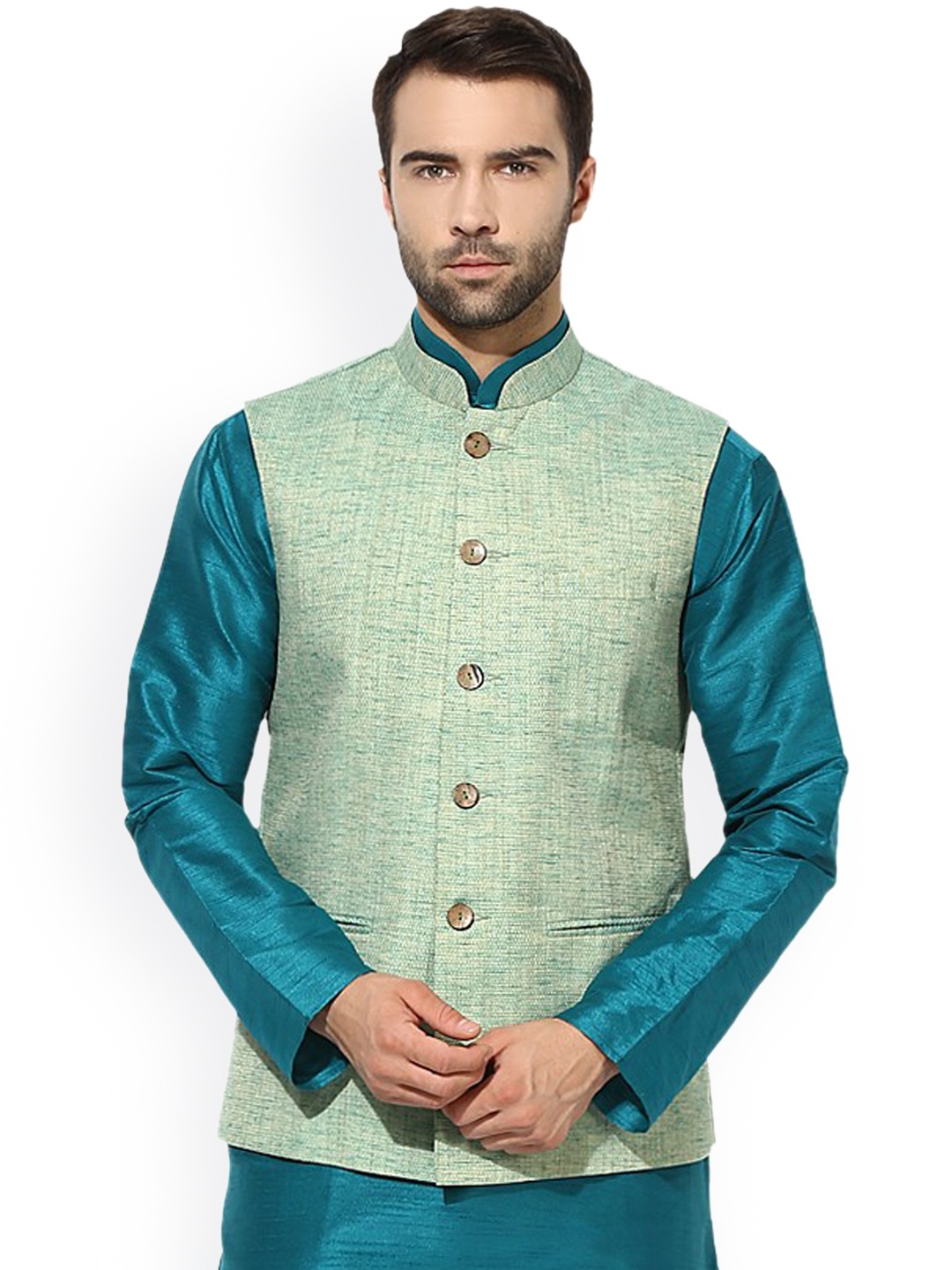 

KISAH Men Solid Regular Fit Ethnic Motifs Nehru Jacket, Green
