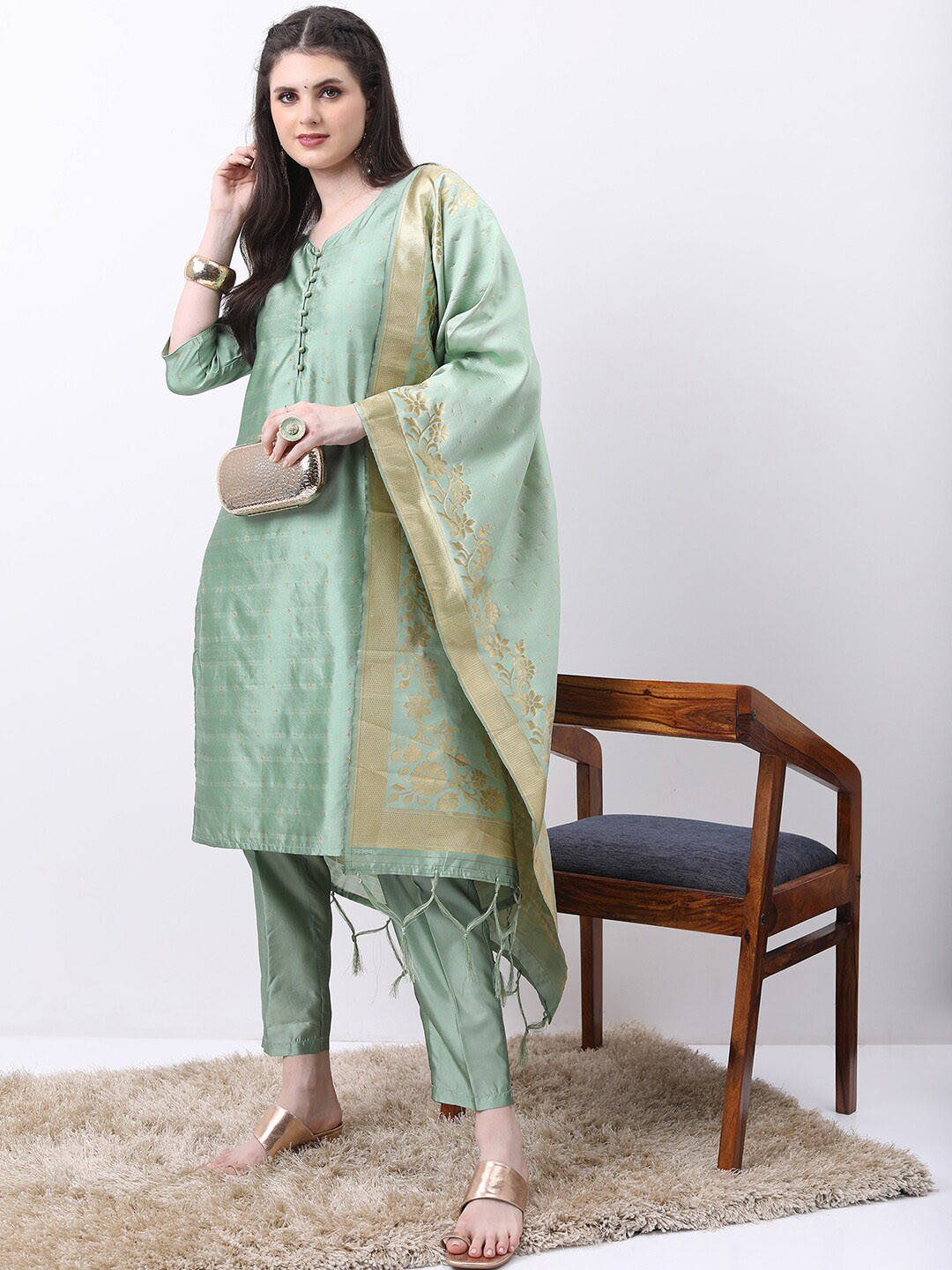 

Vishudh Geometric Printed Kurta With Trousers & Dupatta, Green