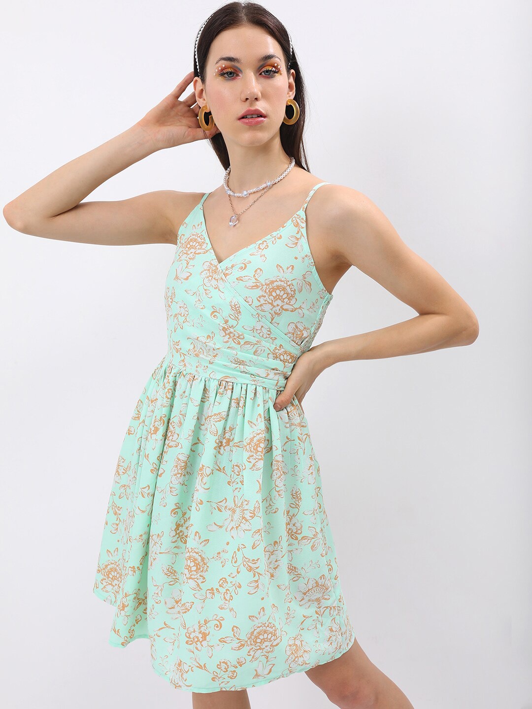 

Tokyo Talkies Green Floral Printed Shoulder Straps Smocking Fit & Flare Midi Dress