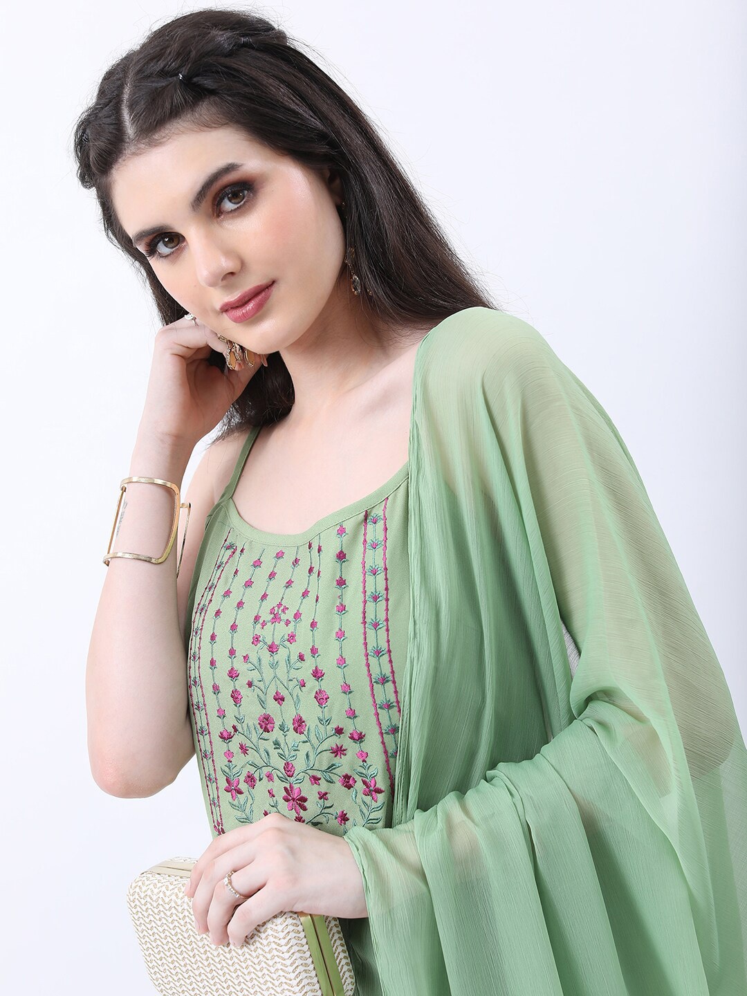 

KETCH Shoulder Straps Floral Embroidered Thread Work Kurta with Trousers & With Dupatta, Green