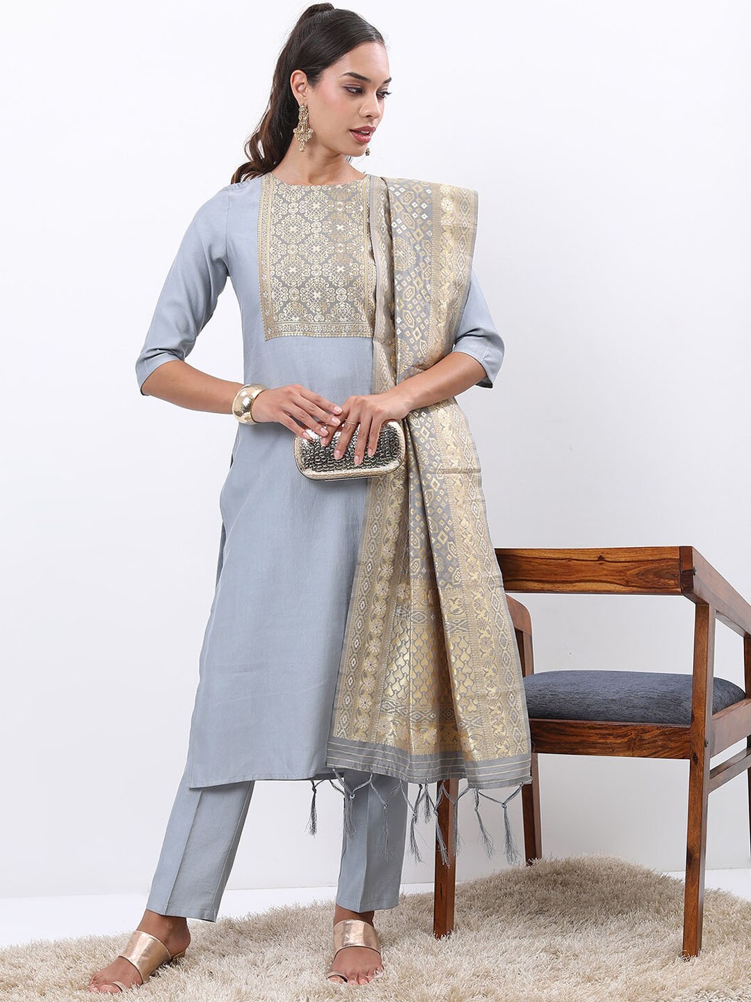 

KETCH Ethnic Motifs Yoke Design Zari Regular Kurta with Trousers & With Dupatta, Grey