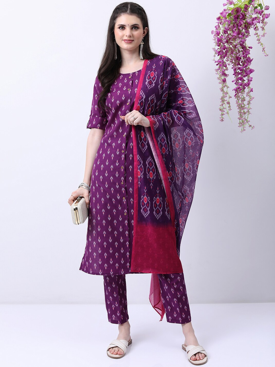 

KETCH Floral Printed Kurta With Trousers & Dupatta, Purple