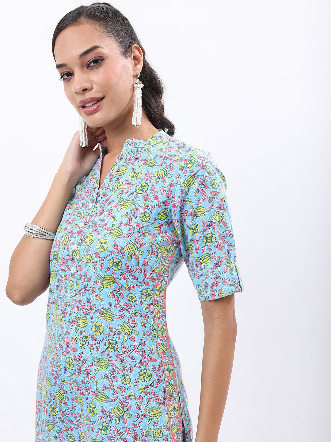 

KETCH Mandarin Collar Floral Printed Regular Kurta with Trousers, Blue