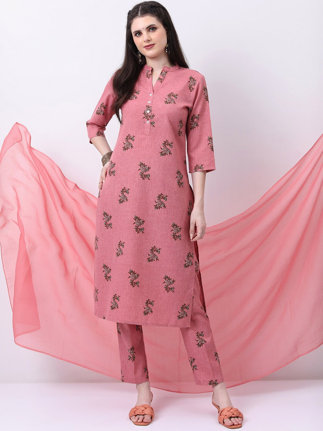 KETCH Mandarin Collar Floral Printed Regular Kurta with Trousers