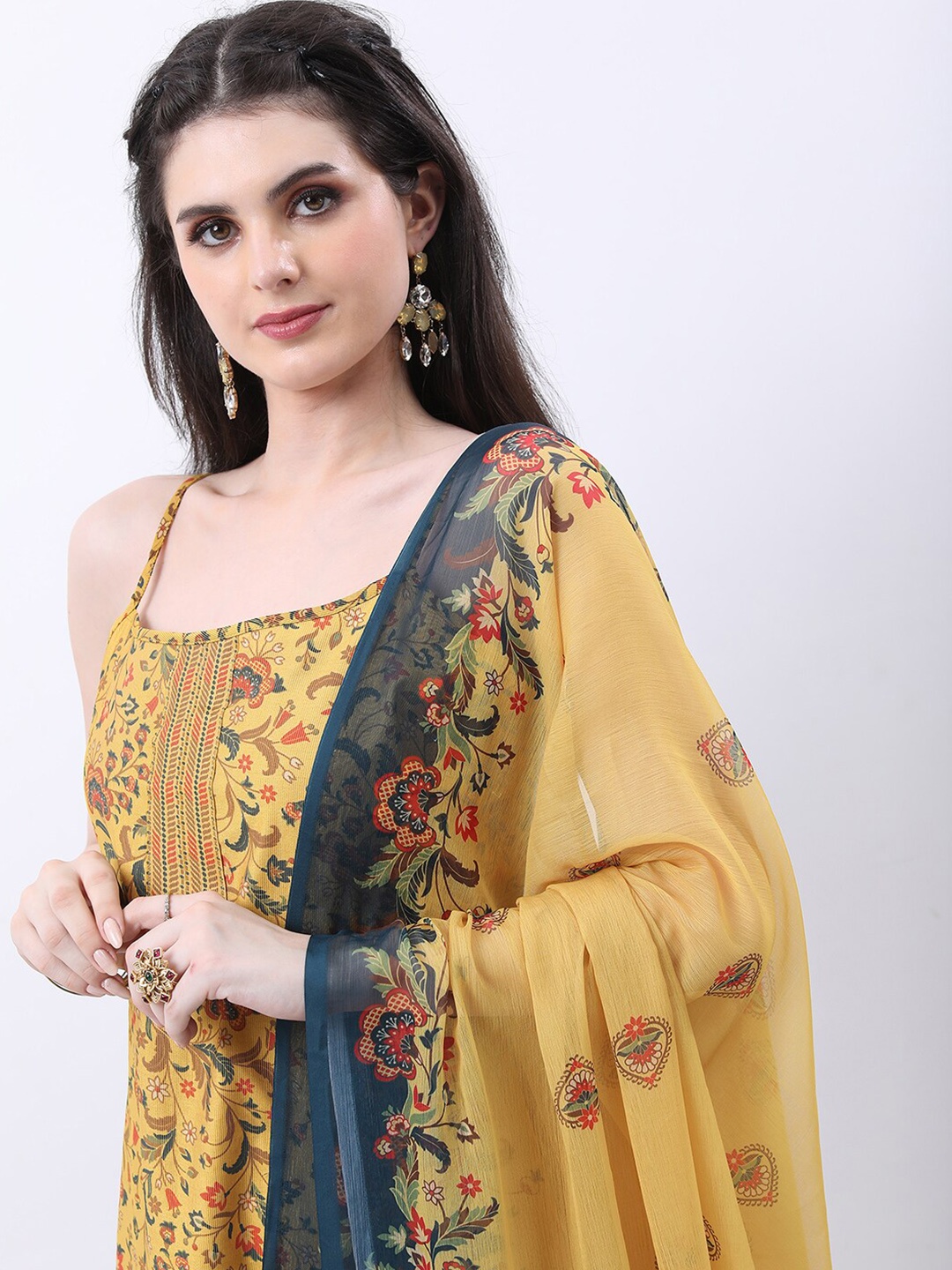 

KETCH Floral Printed Shoulder Straps Kurta With Palazzos & Dupatta, Mustard