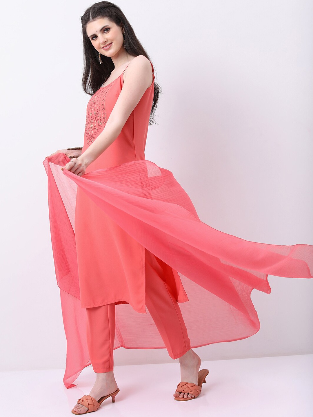 

KETCH Ethnic Motifs Yoke Design Thread Work Kurta With Trousers & Dupatta, Coral
