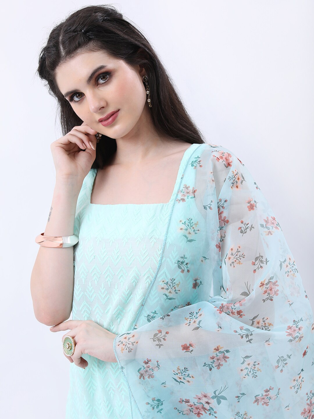 

KETCH Shoulder Straps Floral Embroiderd Thread Work Kurta with Sharara & With Dupatta, Blue