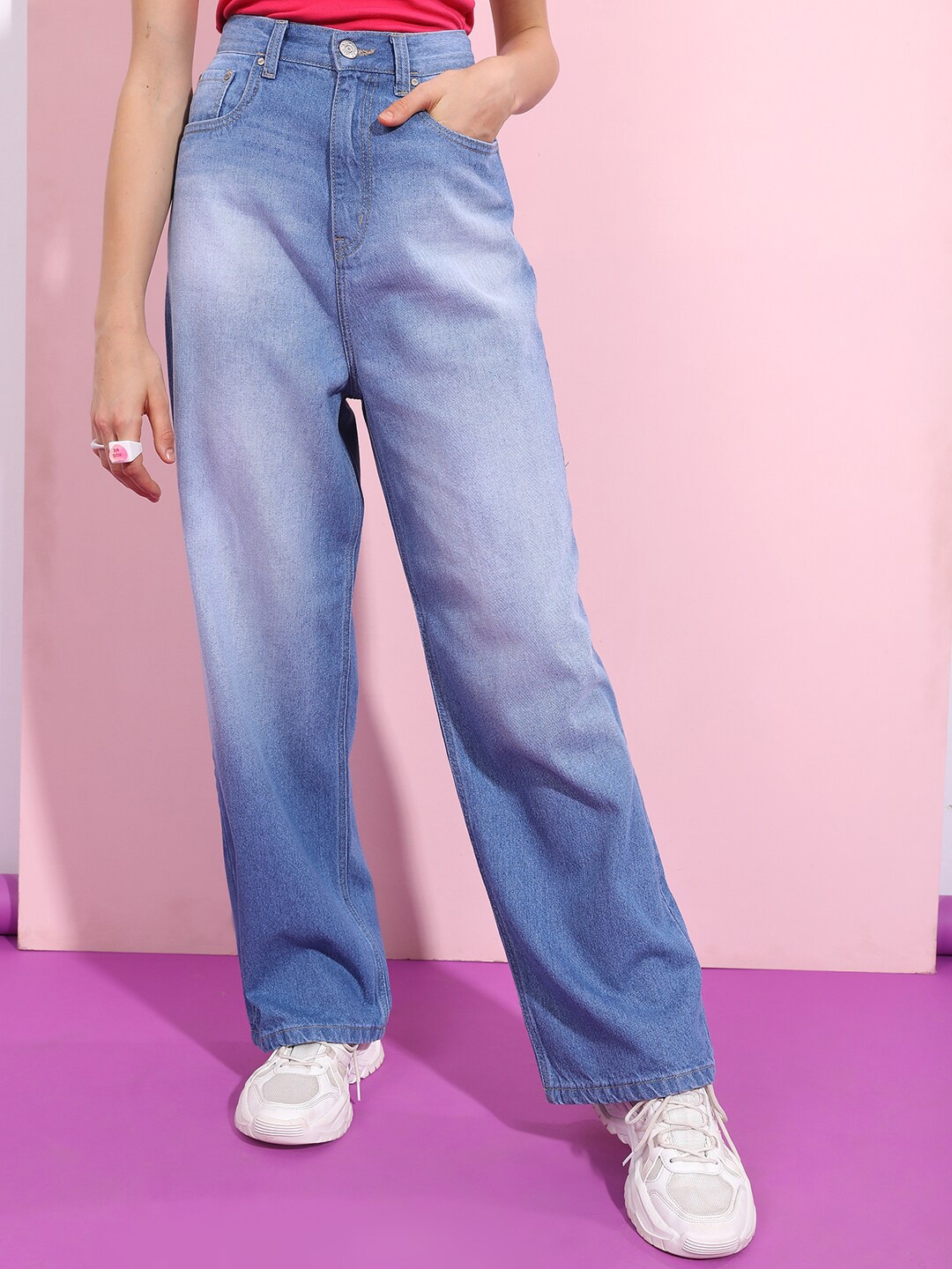 

Tokyo Talkies Women High Rise Loose Fit Light Fade Pure Cotton Jeans, Blue