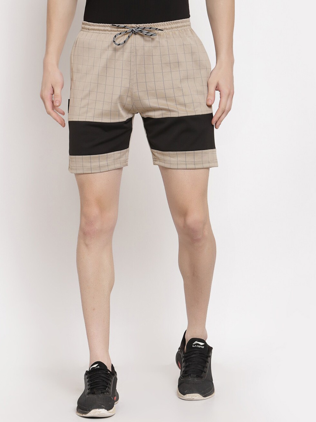 

KLOTTHE Men Checked Mid Rise Sport Shorts With Rapid Dry Technology, Beige