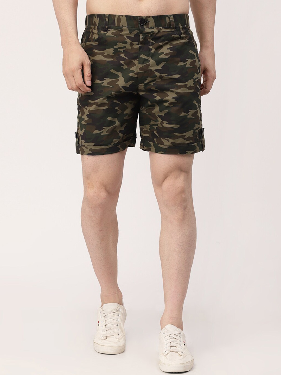 

KLOTTHE Men Camouflage Printed Mid-Rise Rapid Dry Cotton Cargo Shorts, Olive