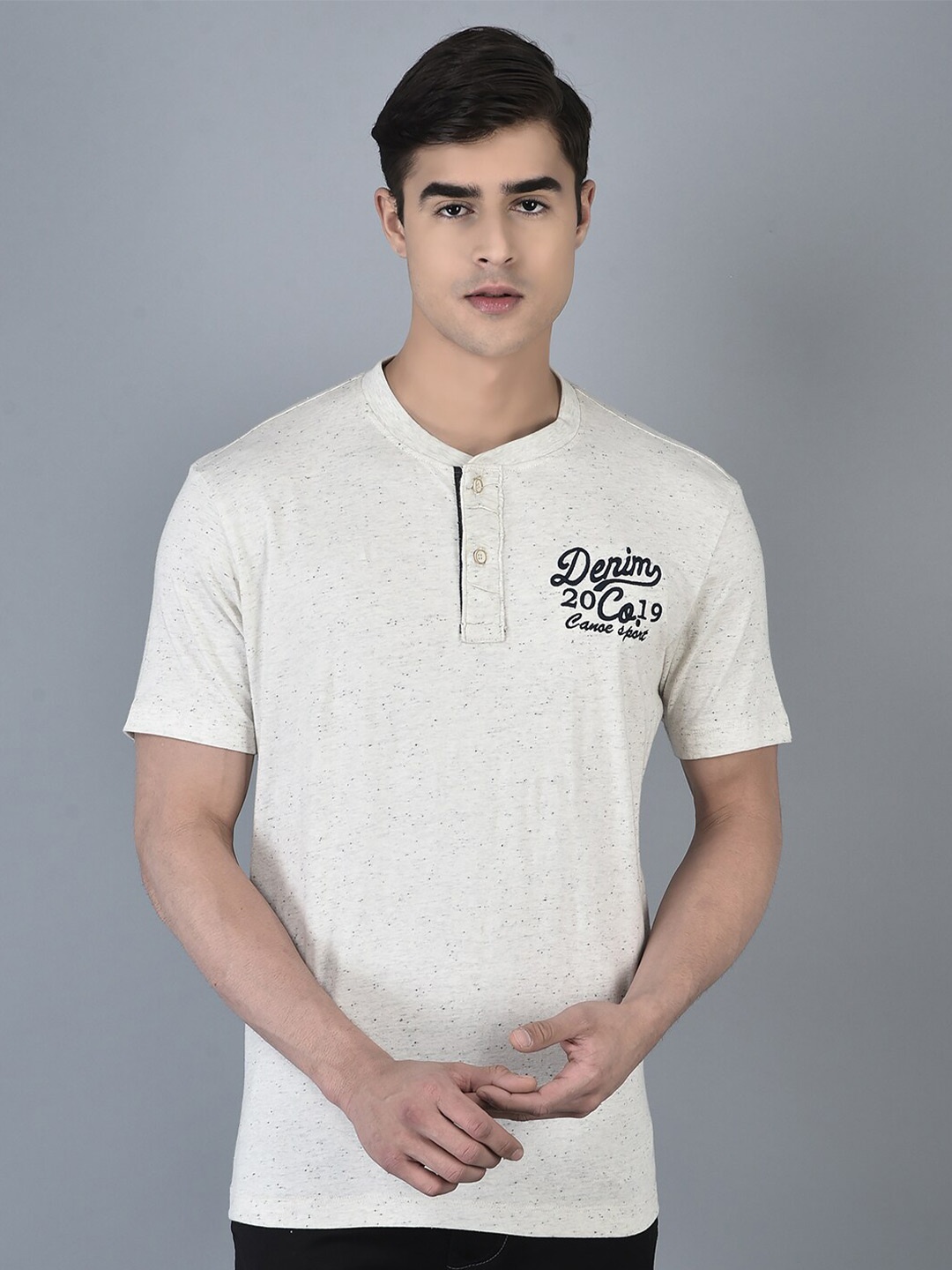 

CANOE Embroidered Henley Neck Pure Cotton T-shirt, Off white