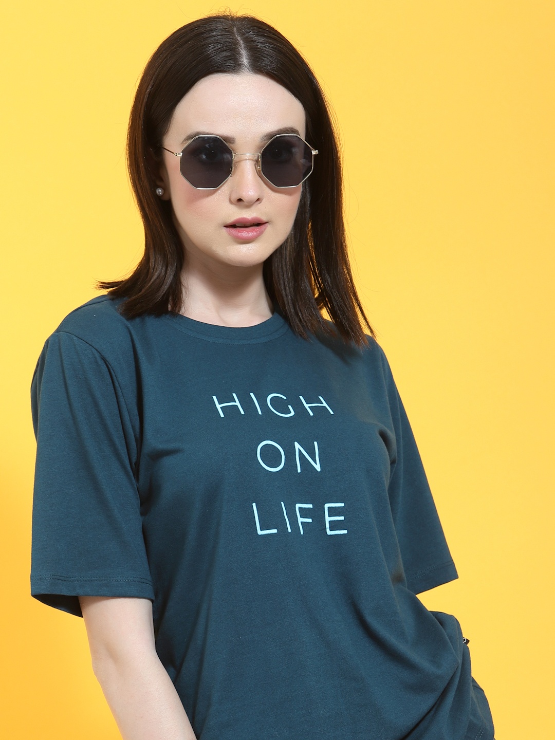 

Printed Drop-Shoulder Sleeves Oversized Fit Cotton T-shirt, Teal