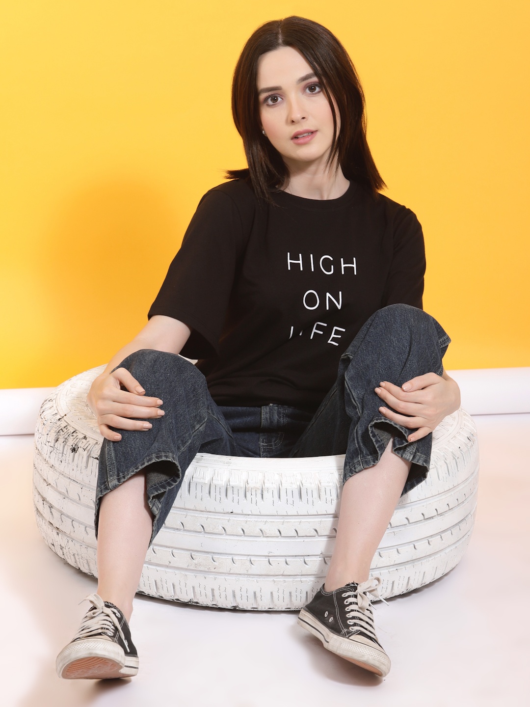 Rigo Printed Drop-Shoulder Sleeves Oversized Fit Cotton T-shirt, Black