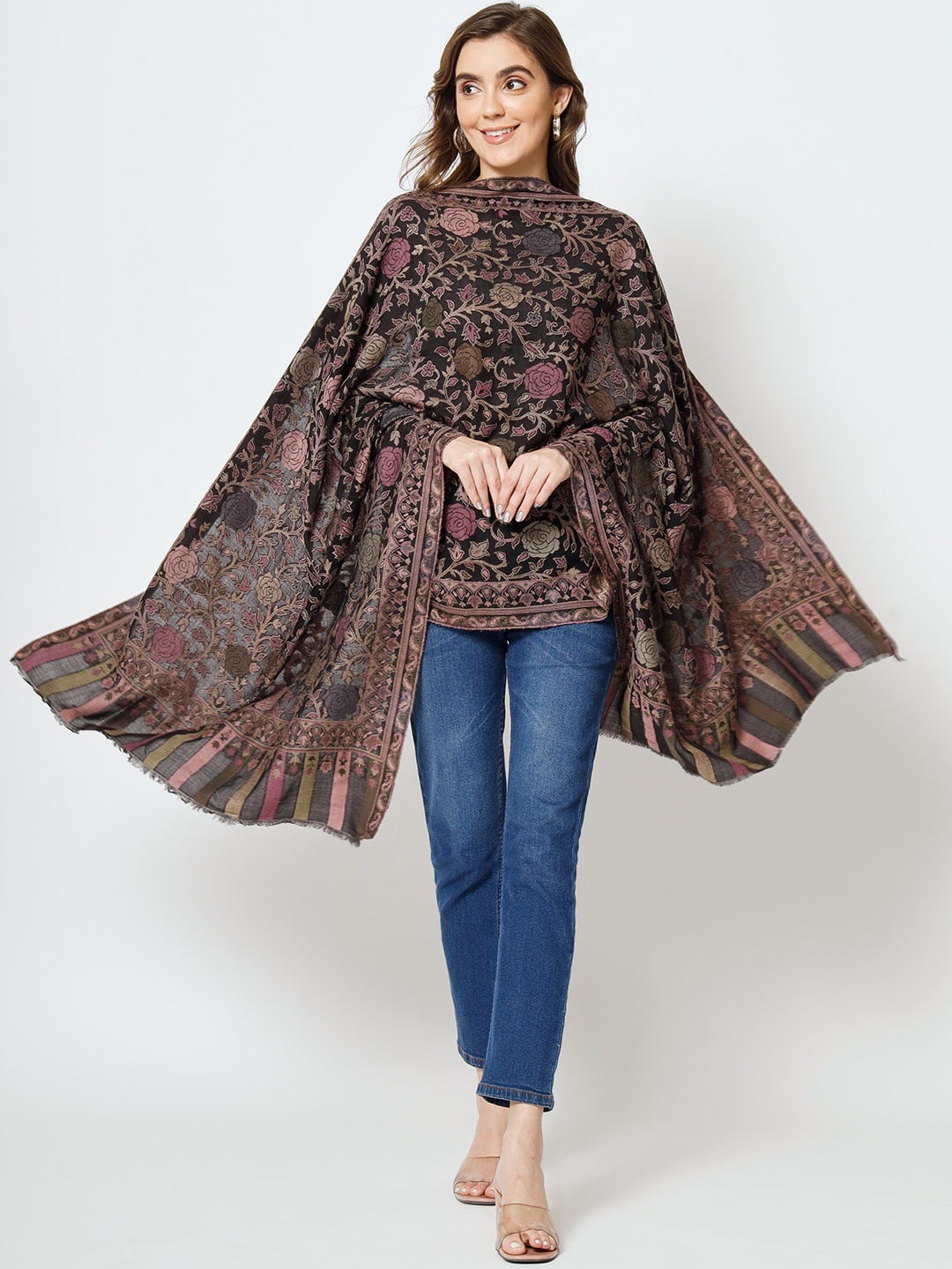 

MODARTA Floral Woven Design Shawl, Black