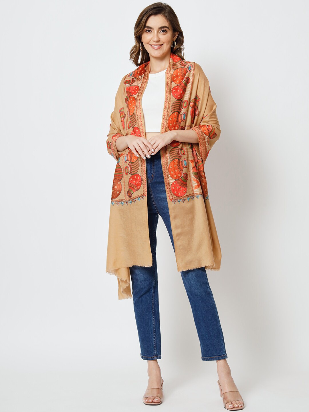 

MODARTA Ethnic Woven Design Shawl With Embroidered, Brown
