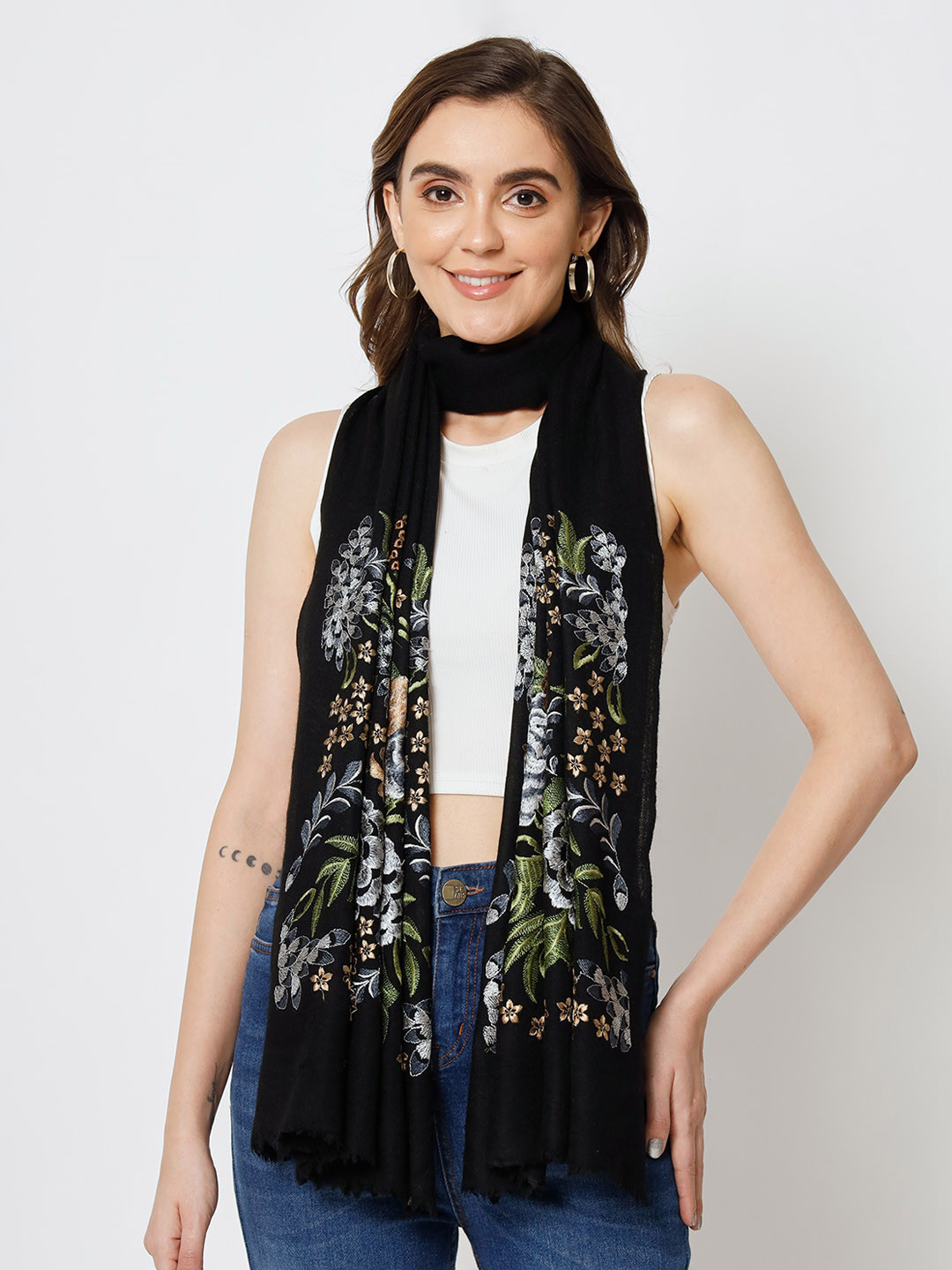 

MODARTA Floral Embroidered Wool Shawl, Black