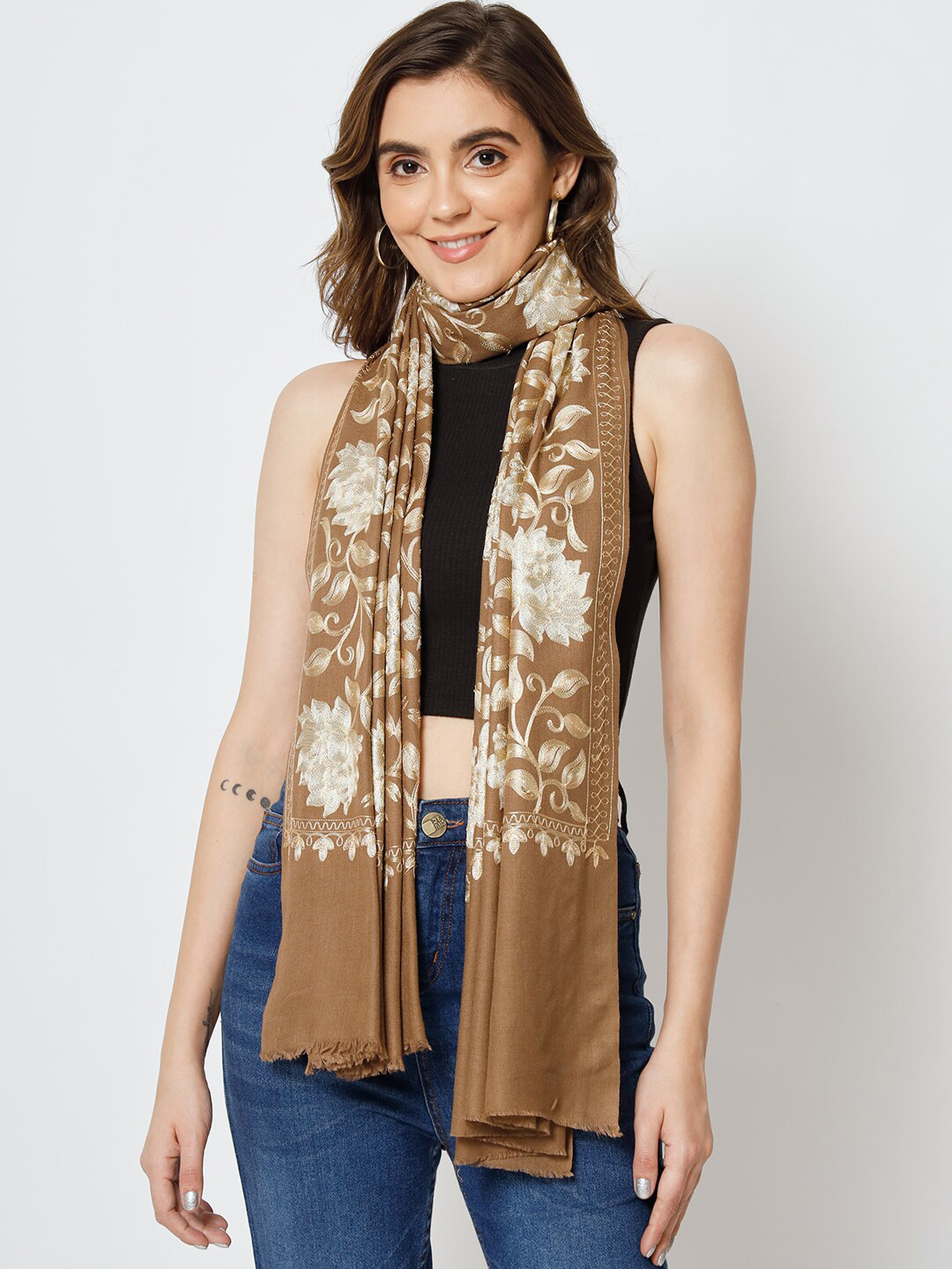 

MODARTA Floral Embroidered Pure Wool Shawl, Brown