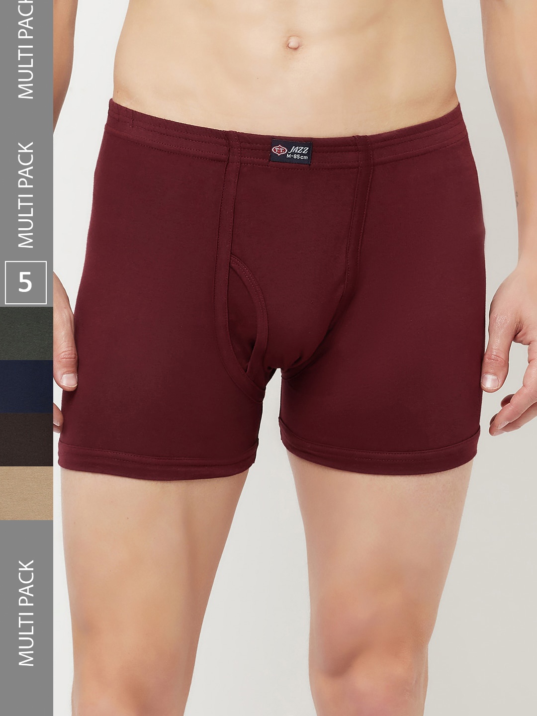 

T.T. Men Jazz Fine Long Inner Elastic Pack Of 5 Pure Cotton Trunks, Maroon