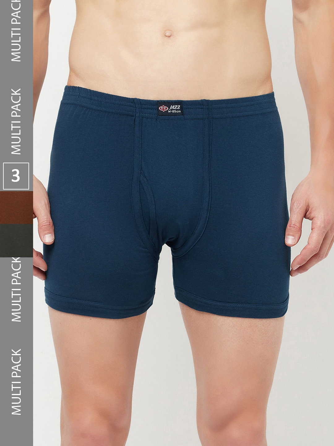 

T.T. Men Jazz Fine Long Inner Elastic Pack Of 3 Pure Cotton Trunks, Navy blue
