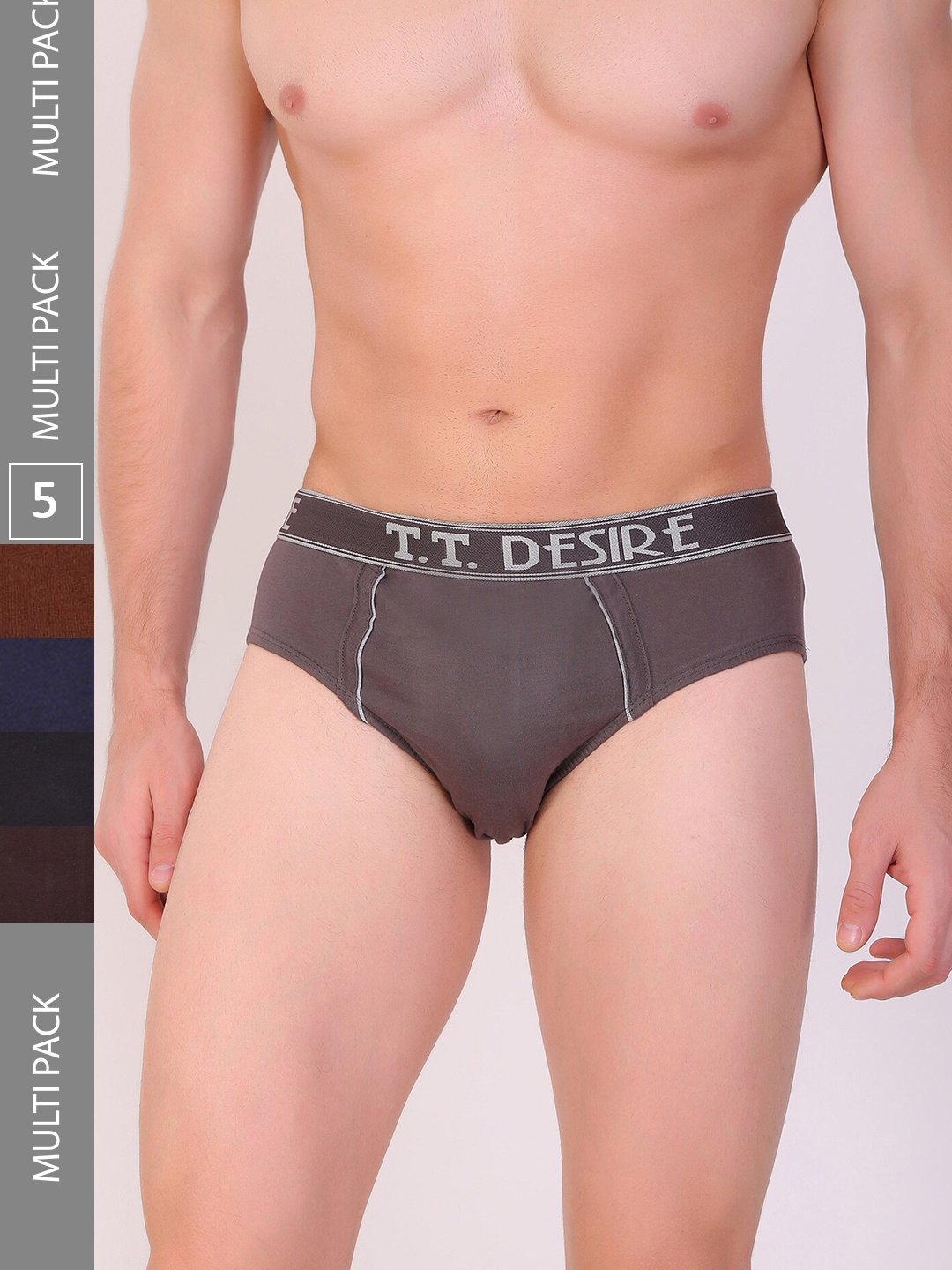 

T.T. Men Pack Of 5 Desire Mid-Rise Pure Cotton Basic Briefs, Grey