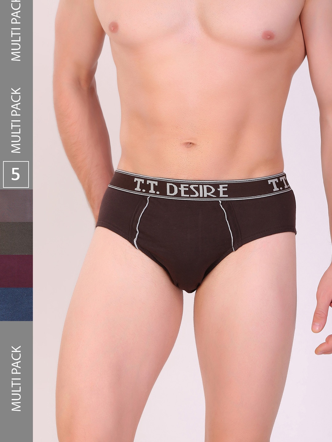 

T.T. Men Pack Of 5 Mid-Rise 100% Combed Cotton Desire Basic Briefs, Brown
