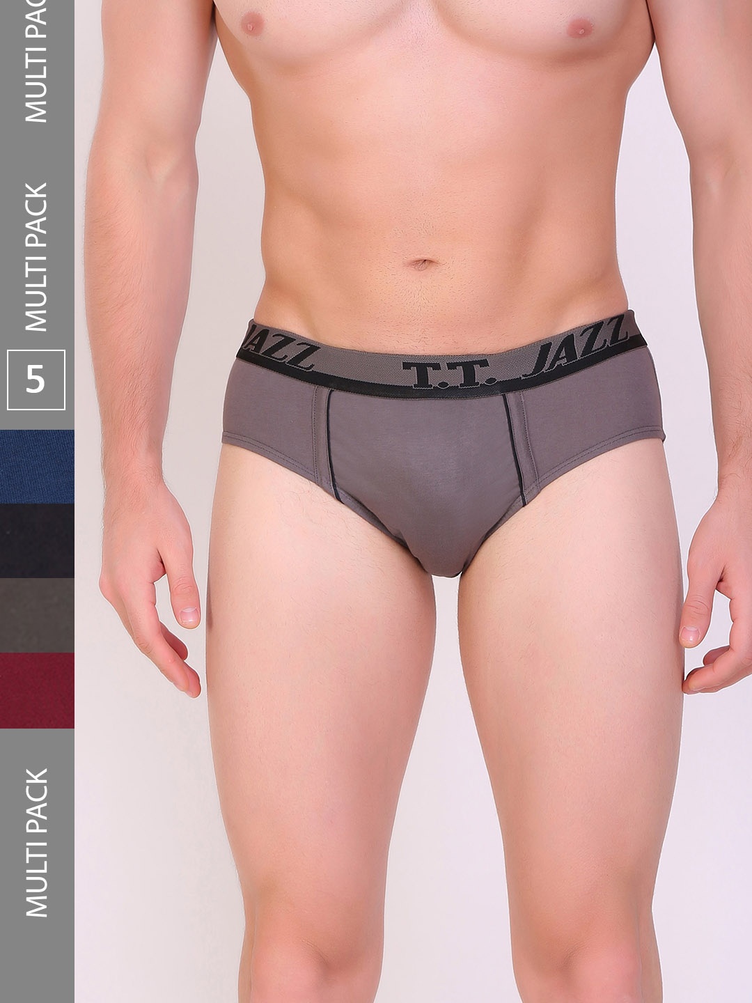 

T.T. Men Jazz Pack Of 5 Mid-Rise Pure Cotton Basic Briefs, Grey
