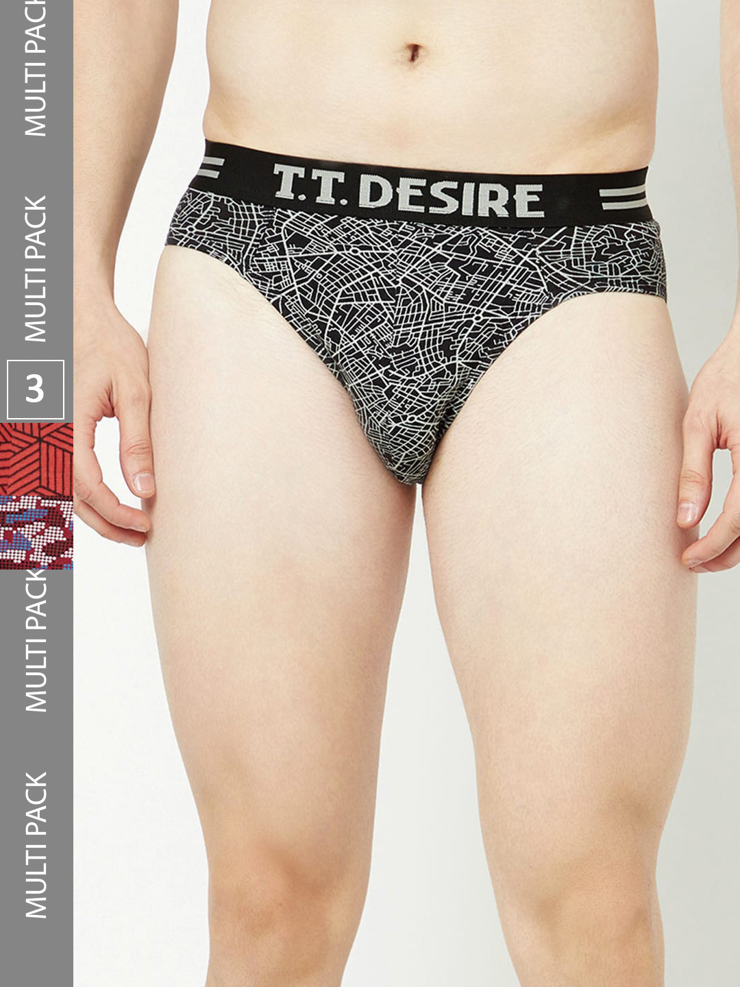 

T.T. Men Pack Of 3 Desire Printed Combed Cotton Basic Briefs, Black